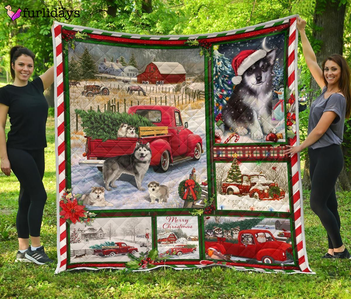 Alaskan Malamute Red Truck Christmas Quilt Blanket Single Home Decor Bedding Couch