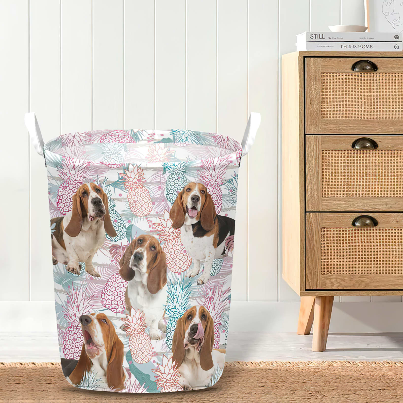 Basset Hound In Summer Tropical With Leaf Seamless Laundry Basket Dog Laundry Basket Mother Gift 4
