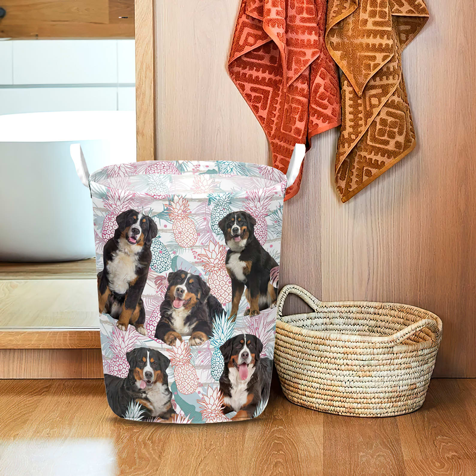 Bernese Mountain In Summer Tropical With Leaf Seamless Laundry Basket Dog Laundry Basket Gift For Dog Lovers 1 Bernese Mountain In Summer Tropical With Leaf Seamless Laundry Basket Dog Laundry Basket Gift For Dog Lovers 1