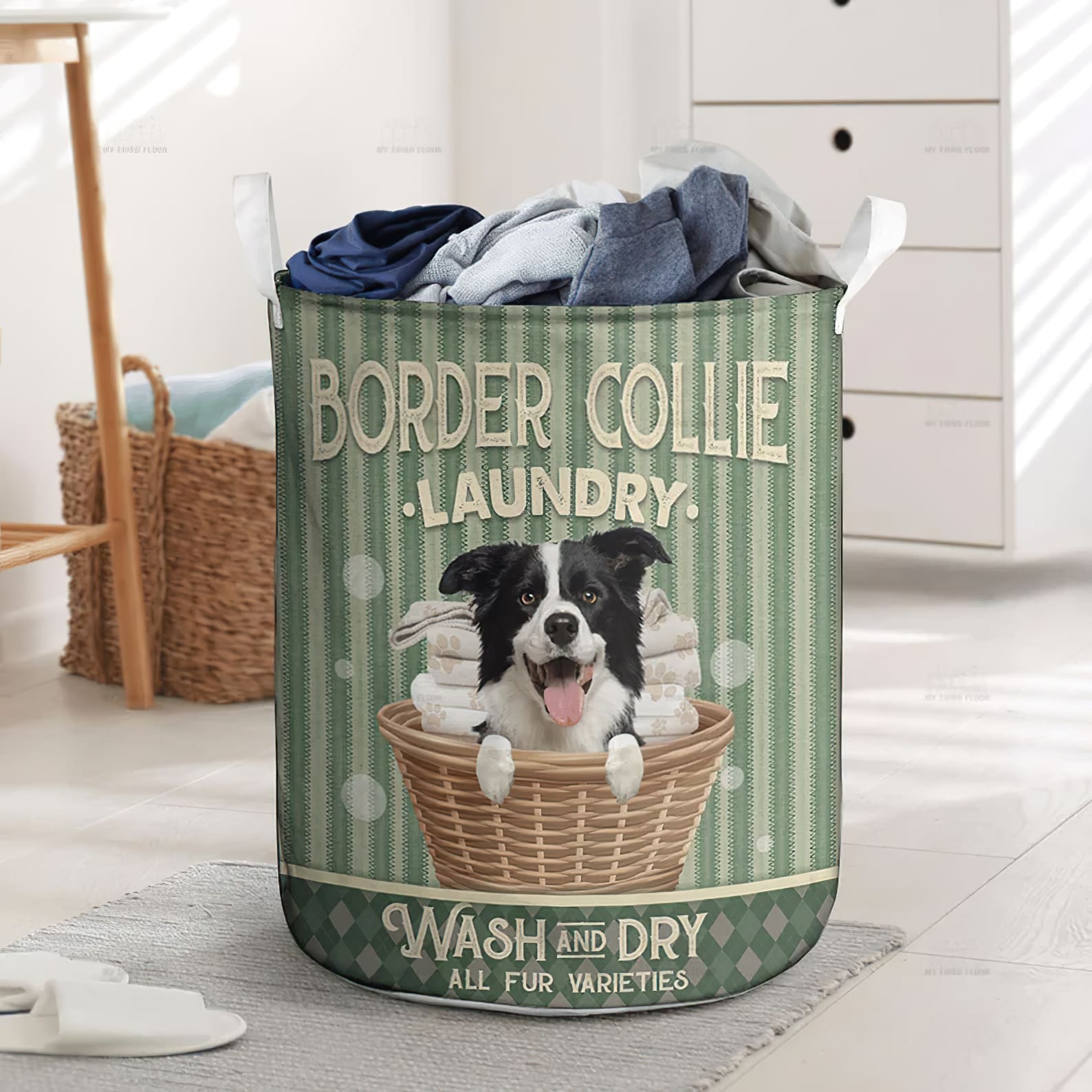 Border Collie Wash And Dry In Green Stripe Pattern Laundry Basket Dog Laundry Basket Mother Gift Gift For Dog Lovers 1 Border Collie Wash And Dry In Green Stripe Pattern Laundry Basket Dog Laundry Basket Mother Gift Gift For Dog Lovers 1