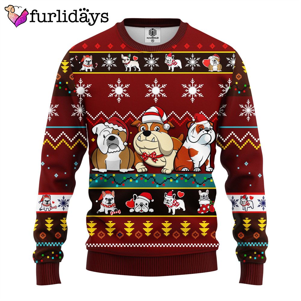 Bull Dog Cartoon Noel Mc Ugly Christmas Red Brown Crewneck Sweater Christmas Outfits Gift 1 Bull Dog Cartoon Noel Mc Ugly Christmas Red Brown Crewneck Sweater Christmas Outfits Gift 1