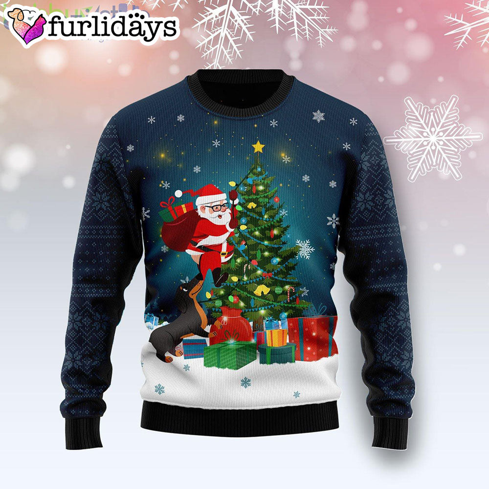 Dog Biting A Santa Claus In The Night Funny Family Ugly Christmas Sweater Gifts 1