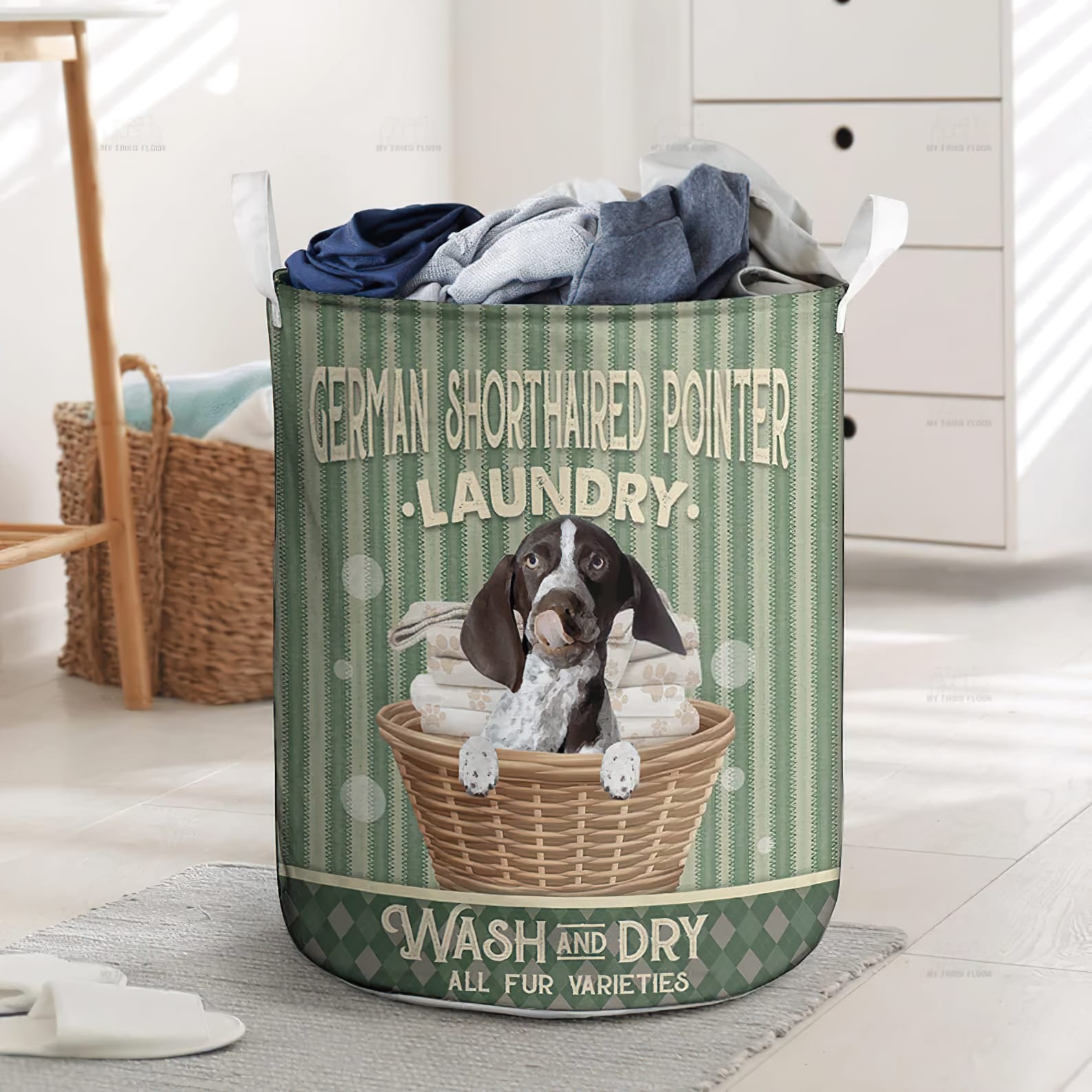 German Shorthaired Pointed Wash And Dry In Green Stripe Pattern Laundry Basket Dog Laundry Basket Home Decor 1 German Shorthaired Pointed Wash And Dry In Green Stripe Pattern Laundry Basket Dog Laundry Basket Home Decor 1