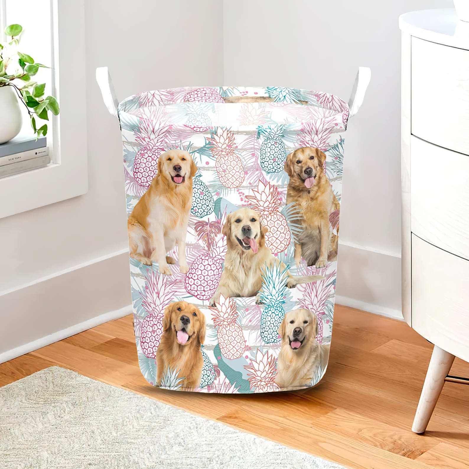 Golden Retriever In Summer Tropical With Leaf Seamless Laundry Basket Dog Laundry Basket Christmas Gift For Her Home Decor 2