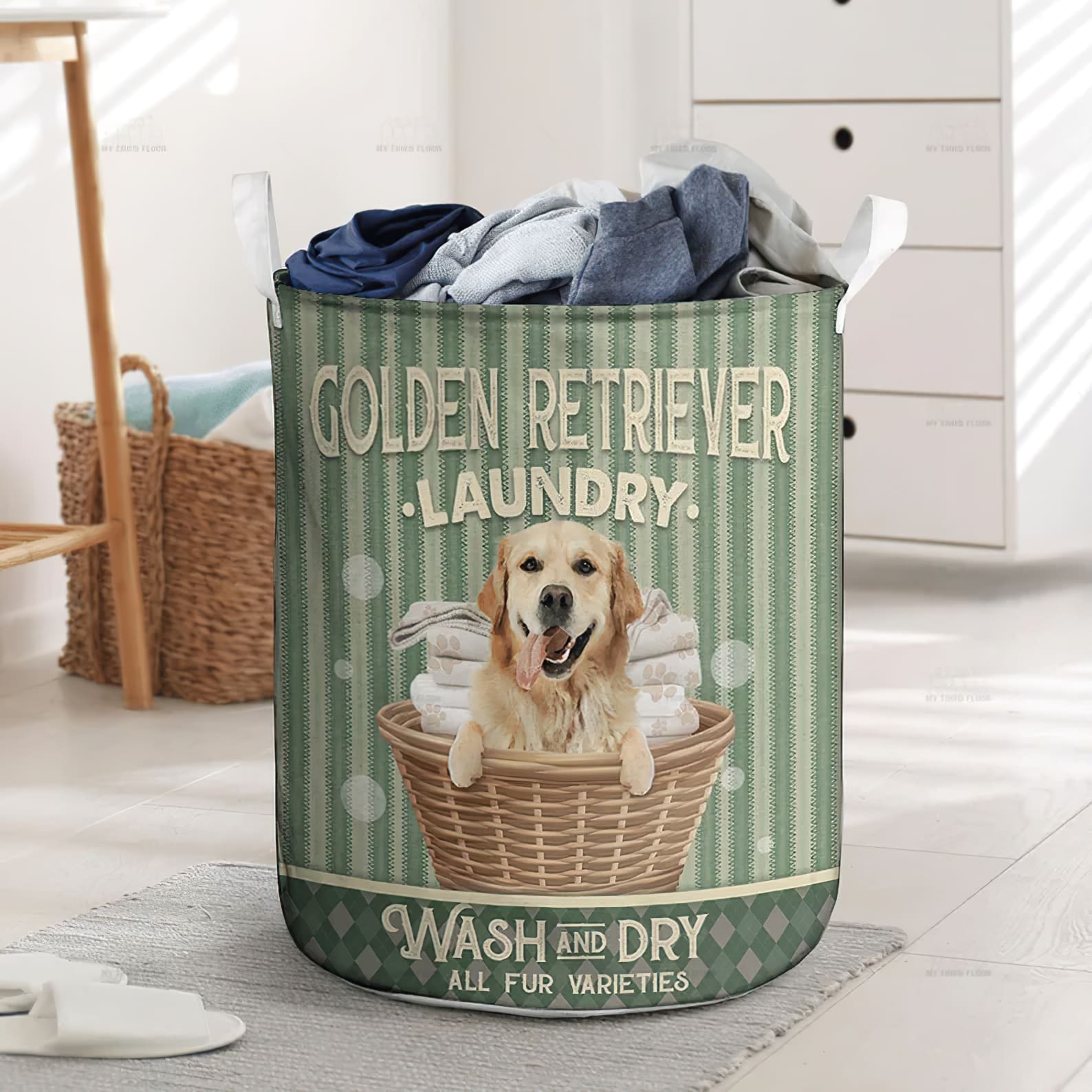 Golden Retriever Wash And Dry In Green Stripe Pattern Laundry Basket Dog Laundry Basket Christmas Gift For Her Home Decor 1