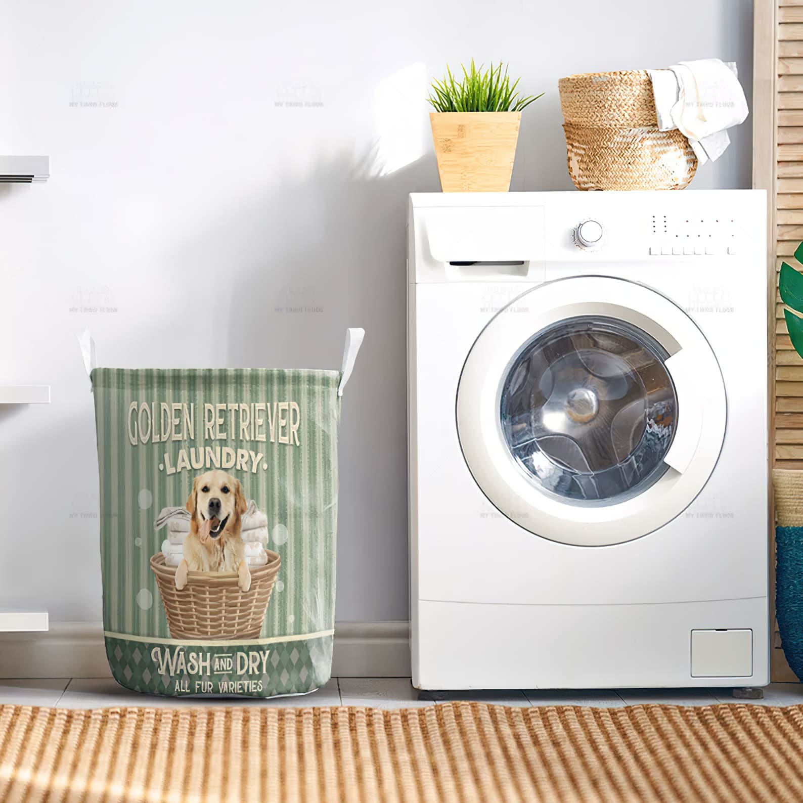 Golden Retriever Wash And Dry In Green Stripe Pattern Laundry Basket Dog Laundry Basket Christmas Gift For Her Home Decor 2