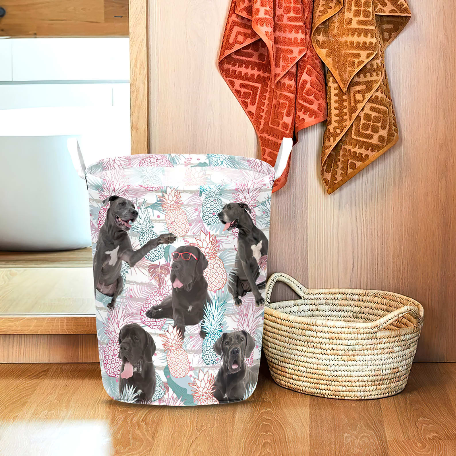 Great Dane In Summer Tropical With Leaf Seamless Laundry Basket Dog Laundry Basket Christmas Gift For Her Home Decor 1