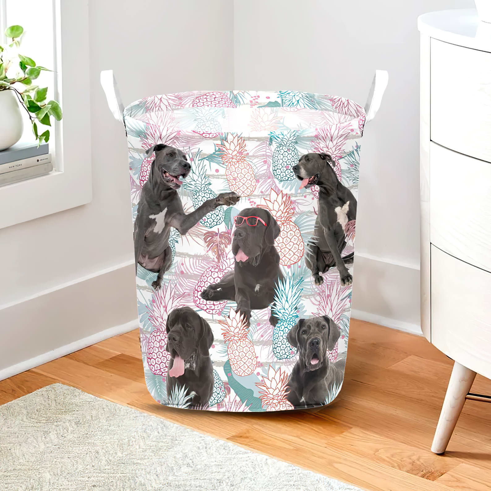 Great Dane In Summer Tropical With Leaf Seamless Laundry Basket Dog Laundry Basket Christmas Gift For Her Home Decor 2