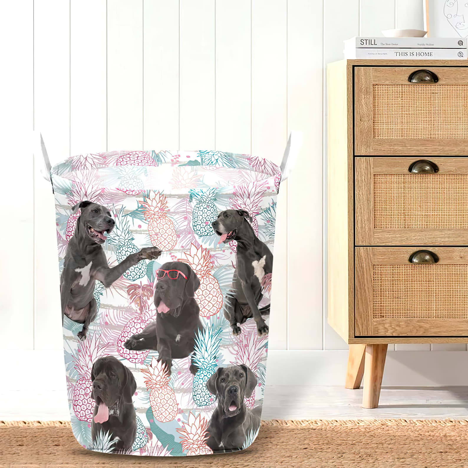 Great Dane In Summer Tropical With Leaf Seamless Laundry Basket Dog Laundry Basket Christmas Gift For Her Home Decor 4