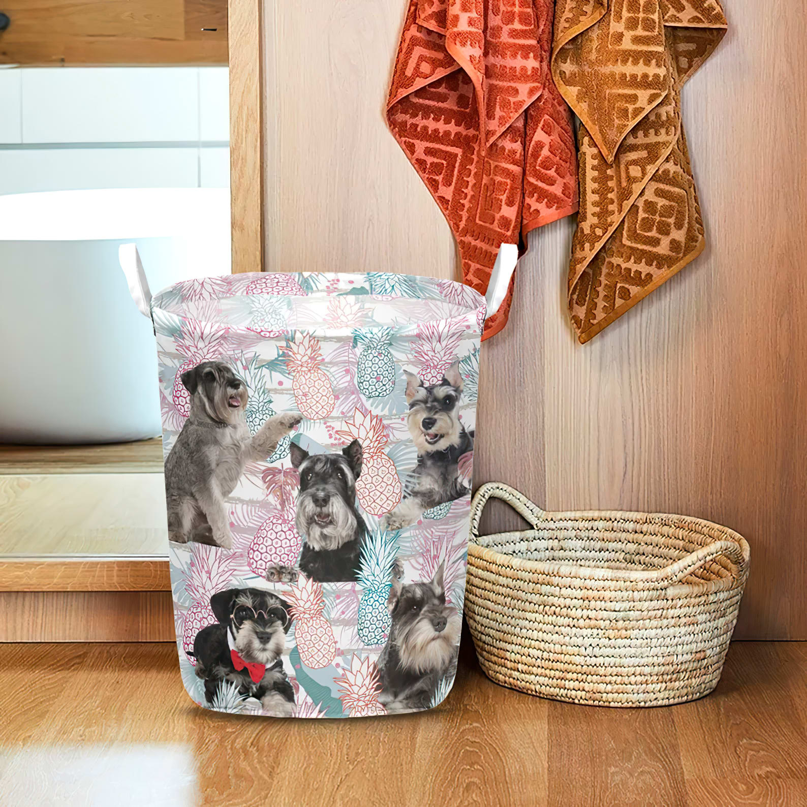 Miniature Schnauzer In Summer Tropical With Leaf Seamless Laundry Basket Dog Laundry Basket Home Decor 1 Miniature Schnauzer In Summer Tropical With Leaf Seamless Laundry Basket Dog Laundry Basket Home Decor 1