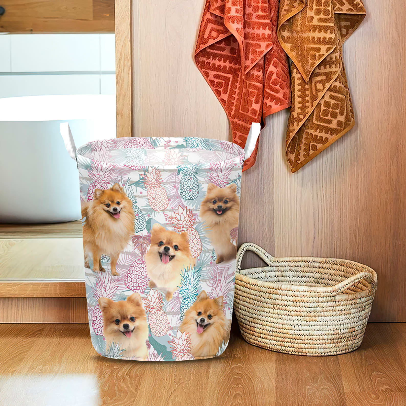 Pomeranian In Summer Tropical With Leaf Seamless Laundry Basket Dog Laundry Basket Christmas Gift For Her Home Decor 1 Pomeranian In Summer Tropical With Leaf Seamless Laundry Basket Dog Laundry Basket Christmas Gift For Her Home Decor 1