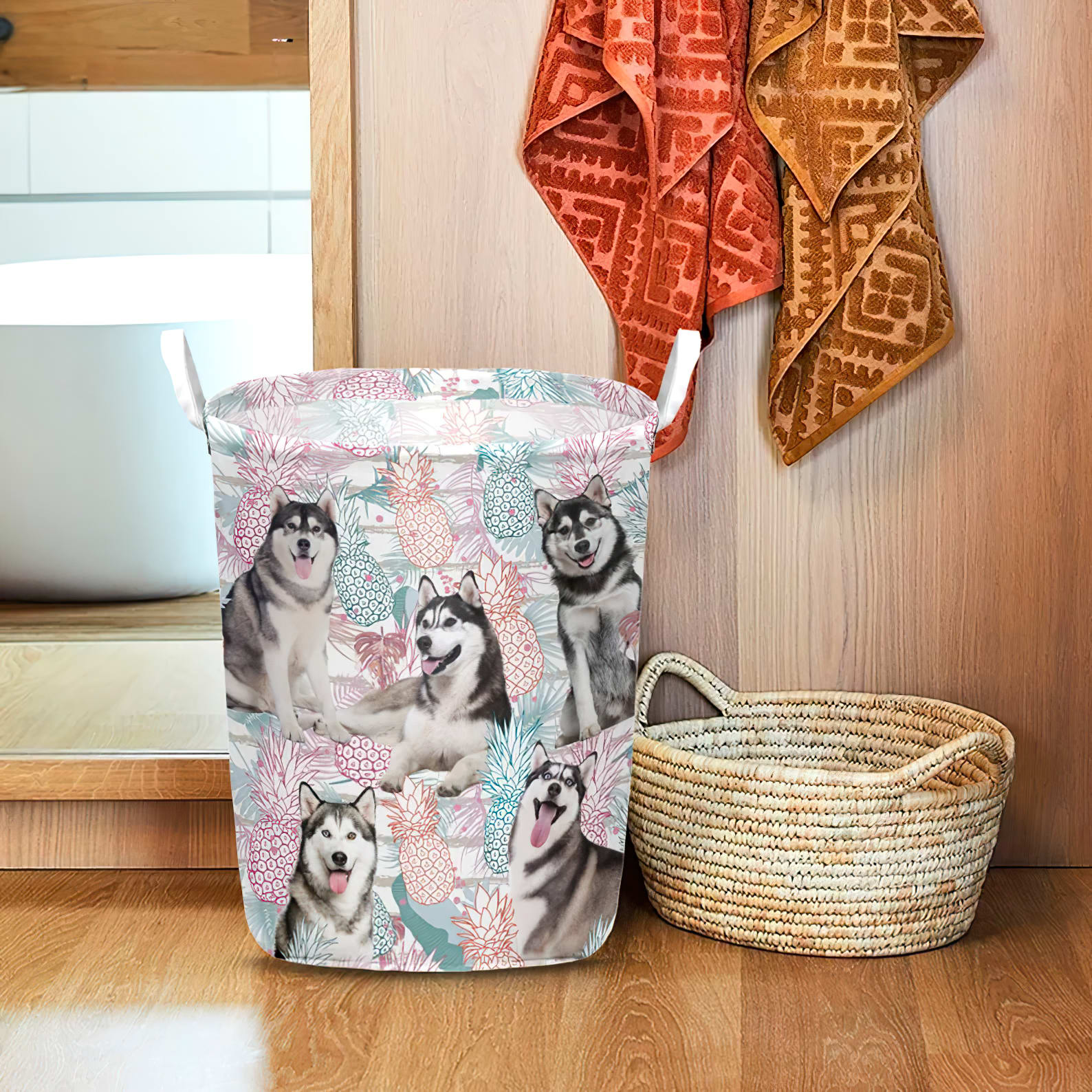 Siberian Husky In Summer Tropical With Leaf Seamless Laundry Basket Laundry Hamper Dog Lovers Gifts for Him or Her 1