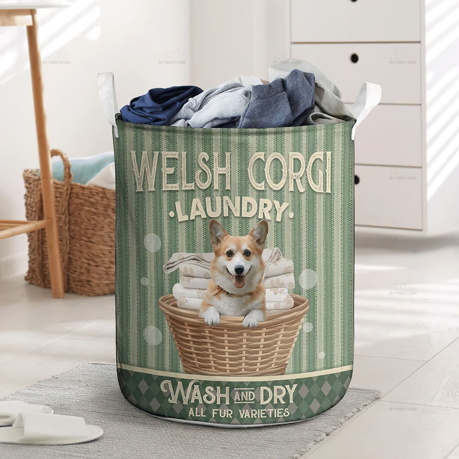 Welsh Corgi Wash And Dry In Green Stripe Pattern Laundry Basket Laundry Hamper Dog Lovers Gifts for Him or Her 1 Welsh Corgi Wash And Dry In Green Stripe Pattern Laundry Basket Laundry Hamper Dog Lovers Gifts for Him or Her 1
