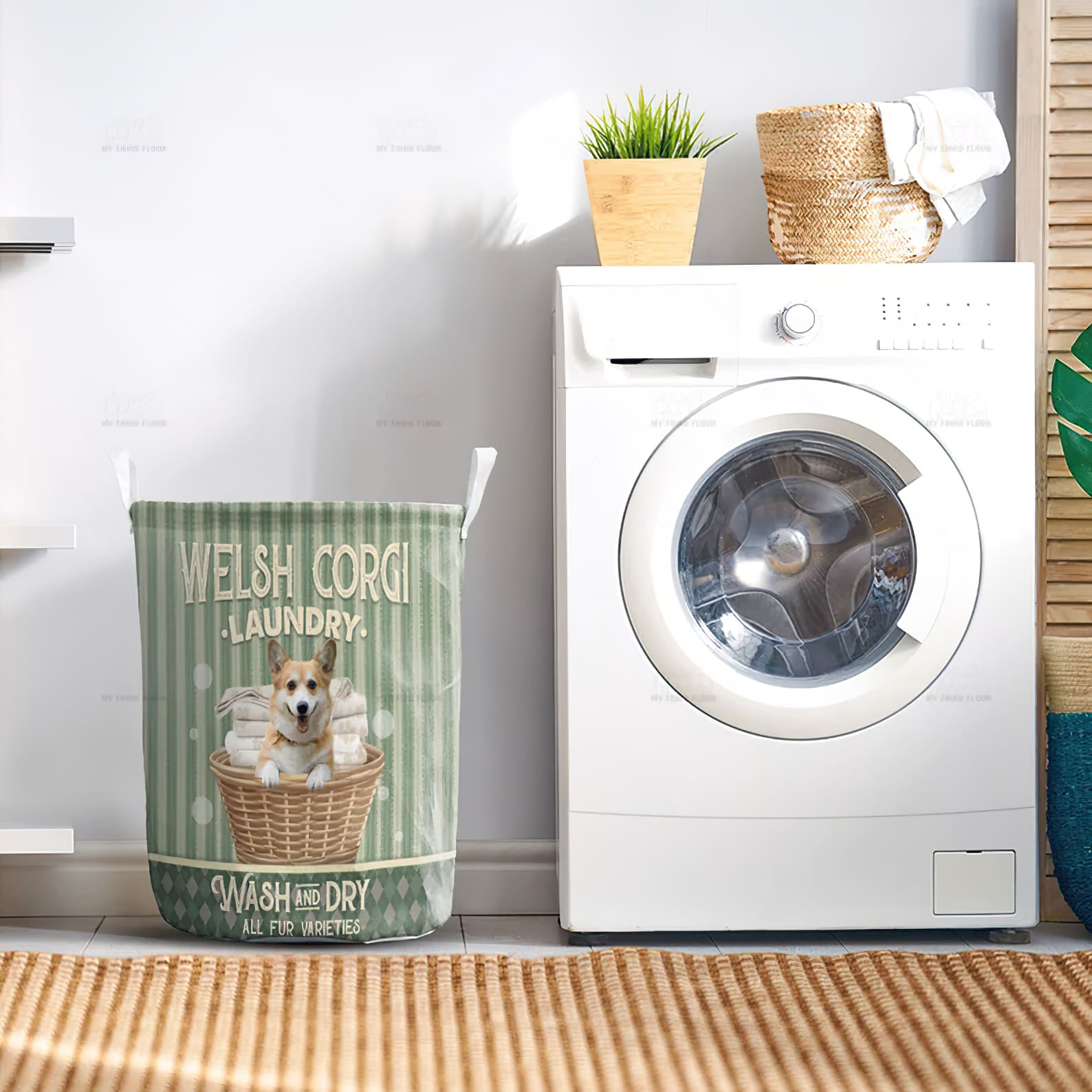 Welsh Corgi Wash And Dry In Green Stripe Pattern Laundry Basket Laundry Hamper Dog Lovers Gifts for Him or Her 2 Welsh Corgi Wash And Dry In Green Stripe Pattern Laundry Basket Laundry Hamper Dog Lovers Gifts for Him or Her 2