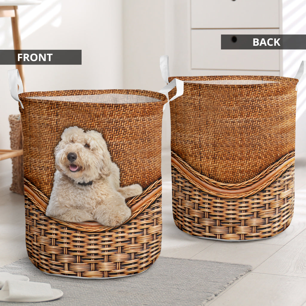 White Labradoodle Rattan Texture Laundry Basket Laundry Hamper Dog Lovers Gifts for Him or Her 1
