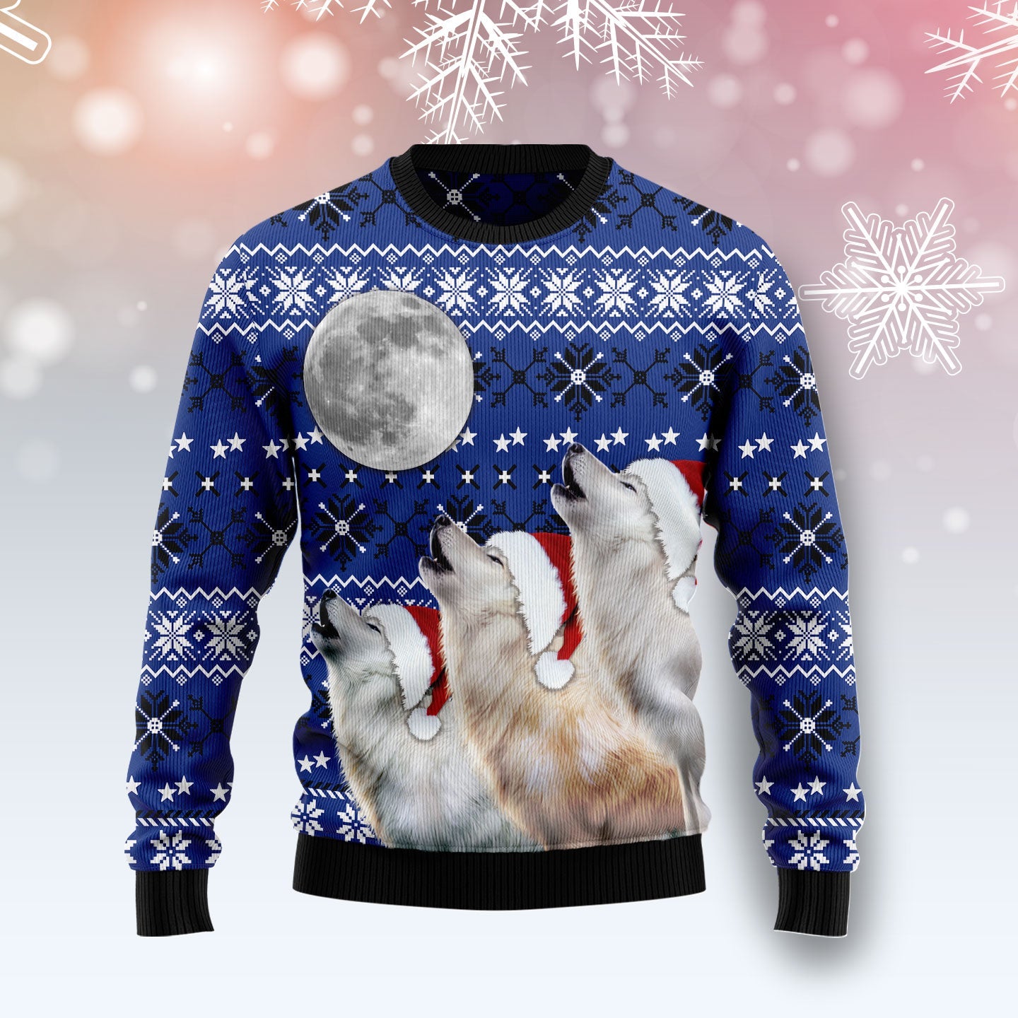 Wolf Howling Moon Ugly Christmas Sweater Funny Family Sweater Gifts Unisex Crewneck Sweater 1