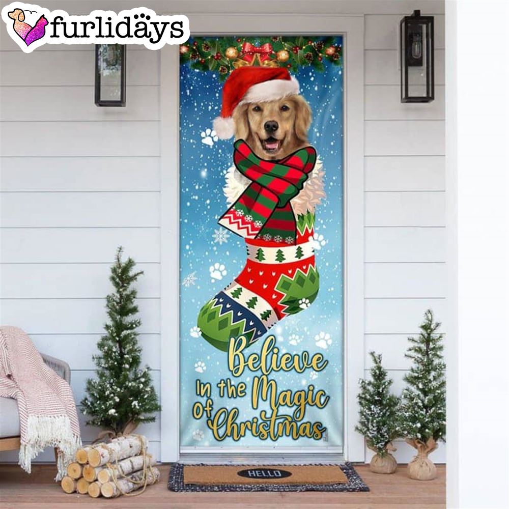 Believe In The Magic Of Christmas. Golden Retriever In Sock Door Cover Xmas Gifts For Pet Lovers Christmas Decor Believe In The Magic Of Christmas. Golden Retriever In Sock Door Cover Xmas Gifts For Pet Lovers Christmas Decor