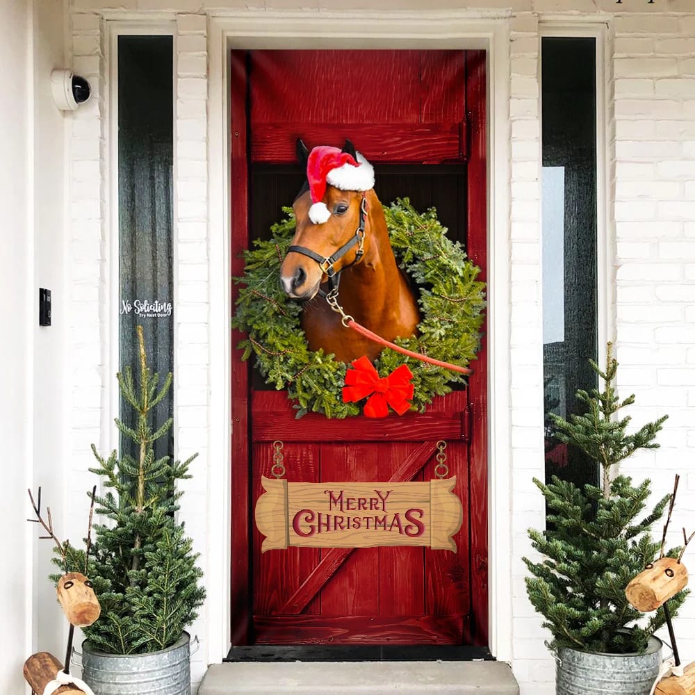 Christmas Horse Door Cover Merry Christmas Horse In Stable Door Cover Christmas Outdoor Decoration 1