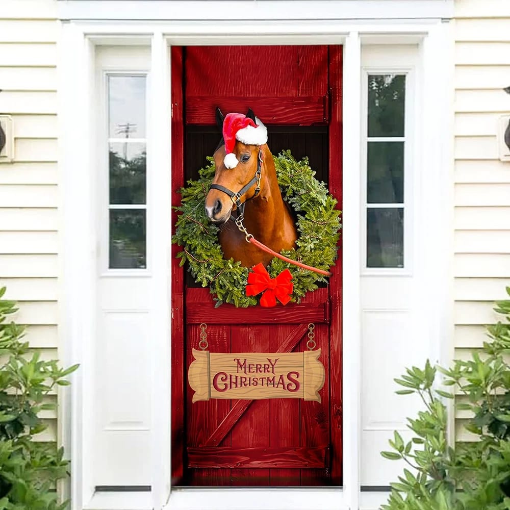 Christmas Horse Door Cover Merry Christmas Horse In Stable Door Cover Christmas Outdoor Decoration 4