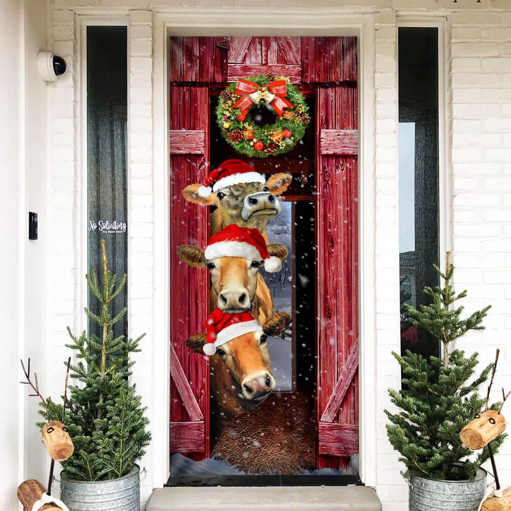Funny Cow Christmas Door Cover Cattle Unique Gifts Doorcover Holiday Decor 1