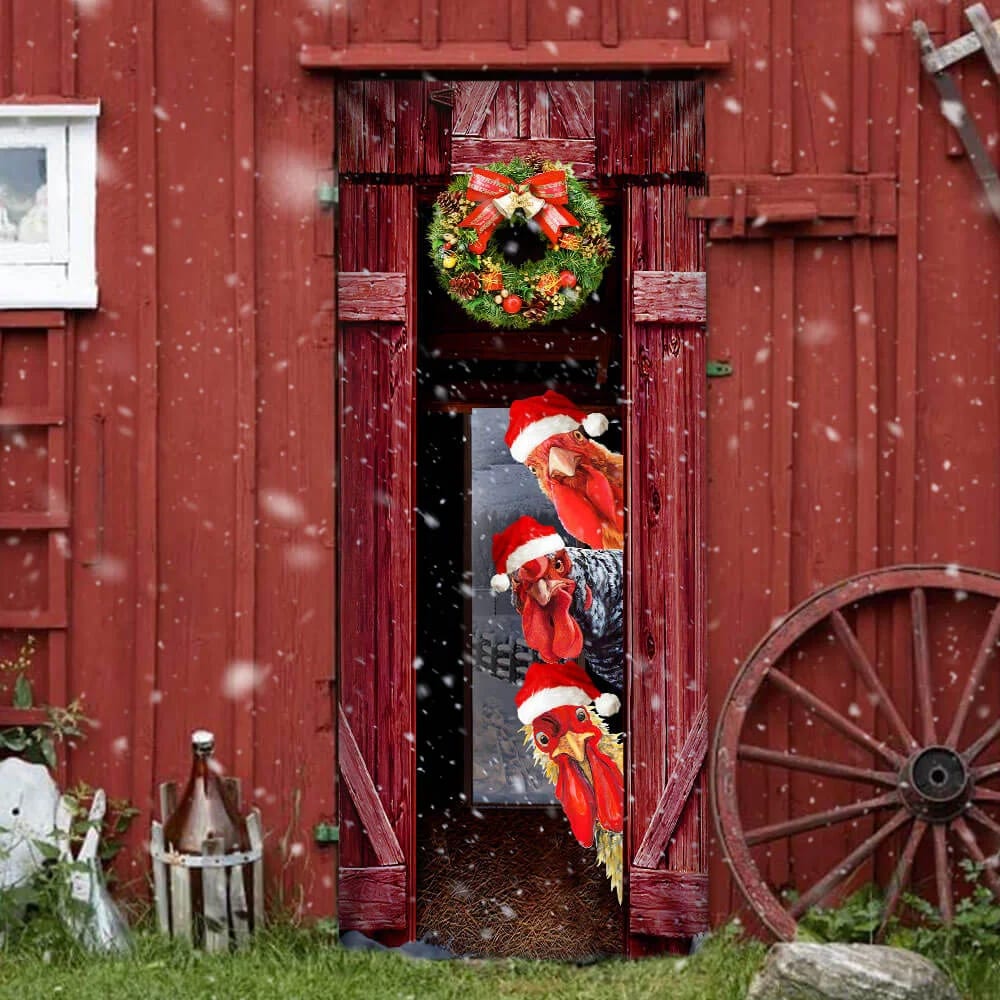 Funny Rooster Chicken Merry Christmas Door Cover Unique Gifts Doorcover 4
