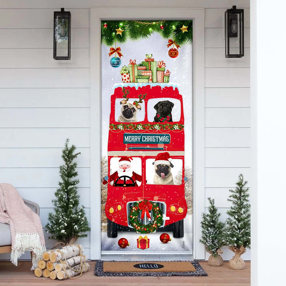 Pugs Christmas Bus Door Cover Xmas Outdoor Decoration Gifts For Dog Lovers Housewarming Gifts 1
