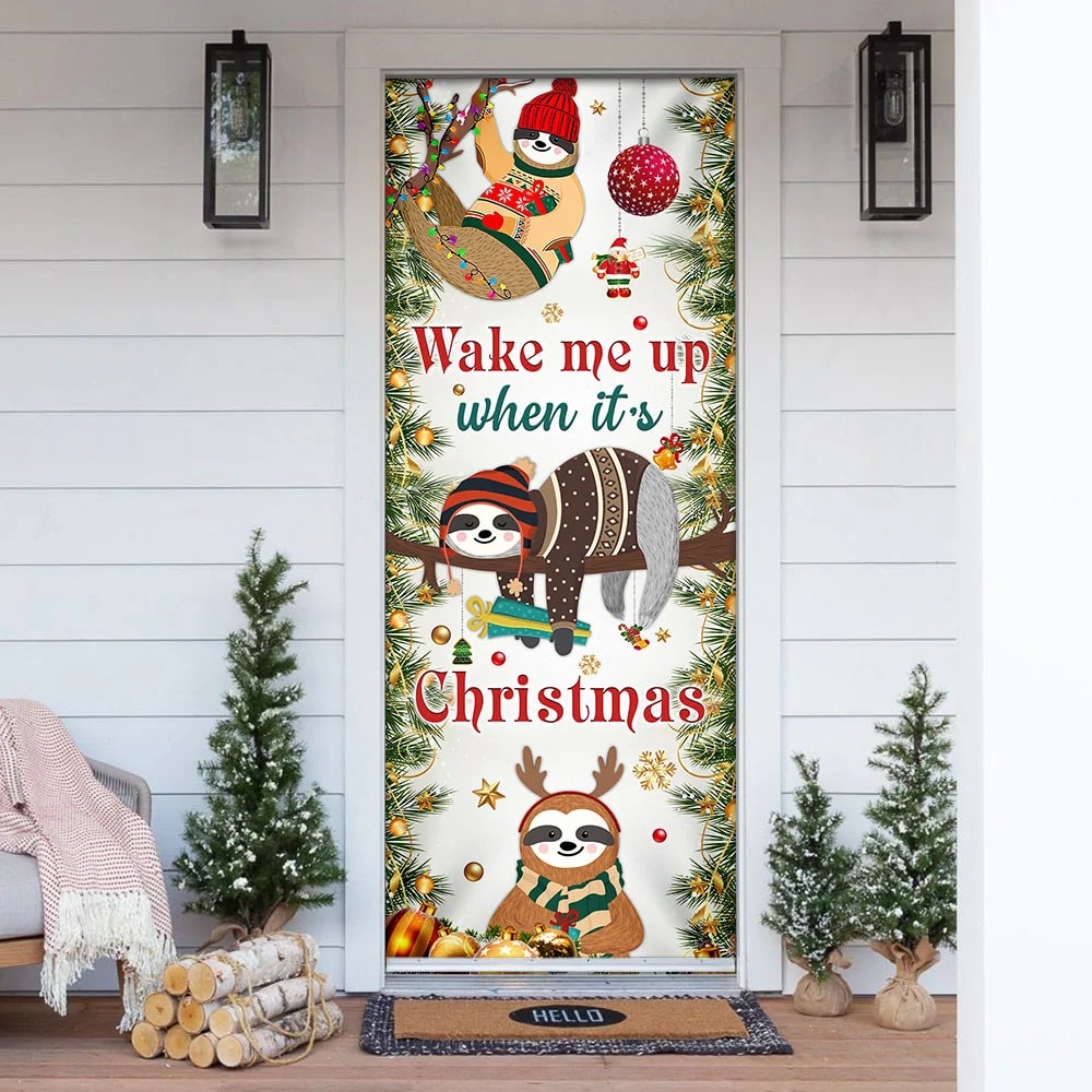 Wake Me Up When It s Christmas Door Cover Sloth Door Cover Unique Gifts Doorcover 1