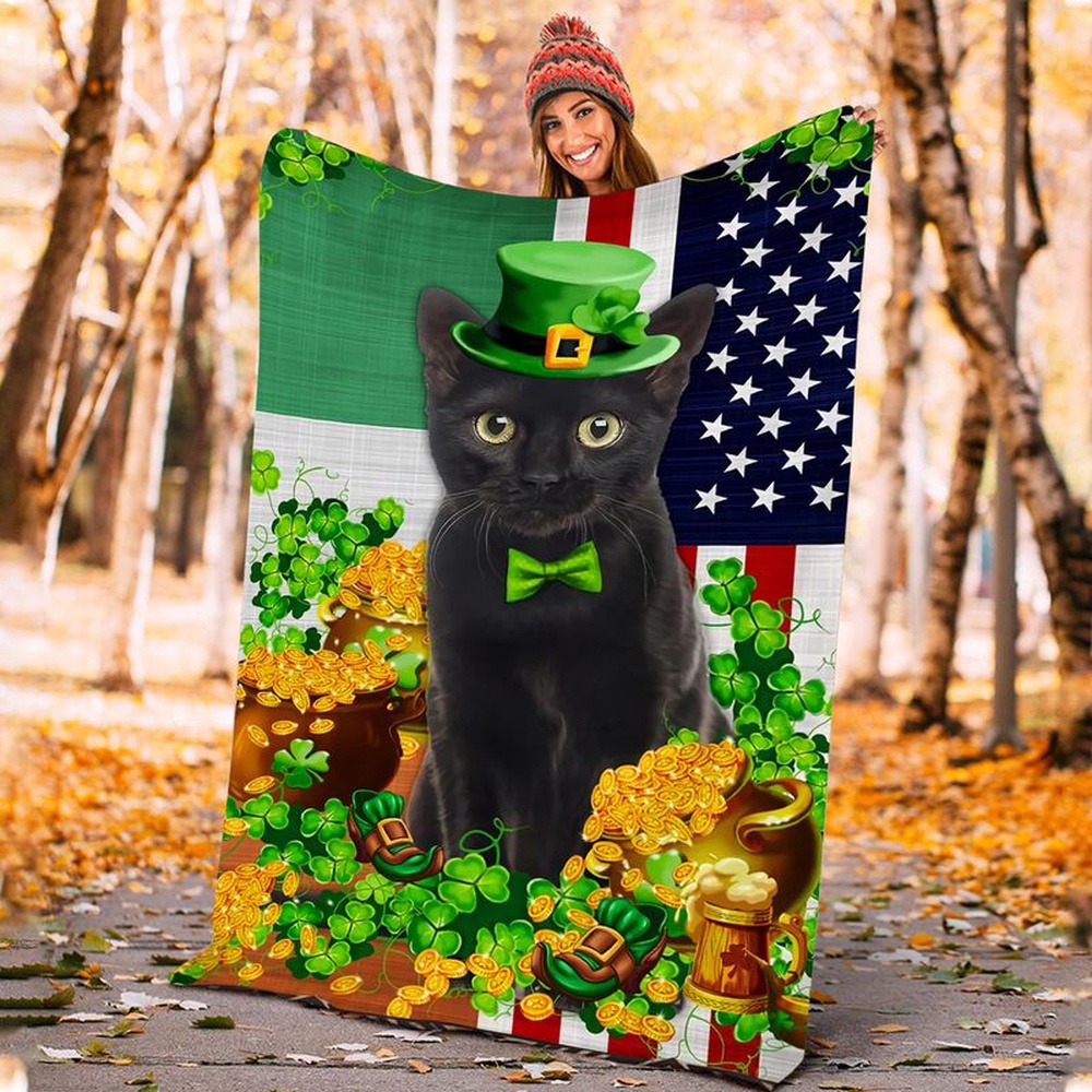 St Patrick s Blanket Irish Black Cat Shamrock Saint Patrick s Day Funny Gift For Cat Lovers Fleece Blanket 1 w53goa.jpg