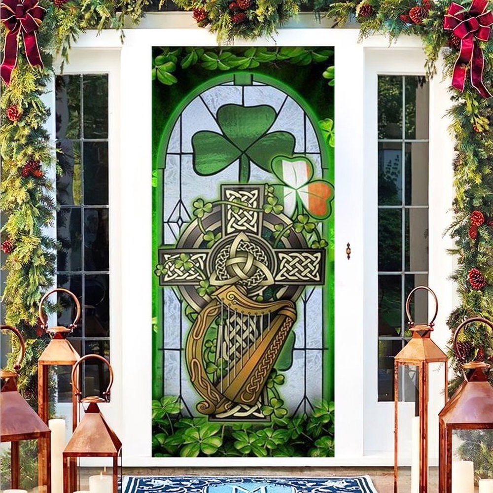 St Patricks Day Door Cover Irish Celtic Cross Stained Glass Door Cover Cross Irish Lucky Leaf 1 kcfhtl.jpg
