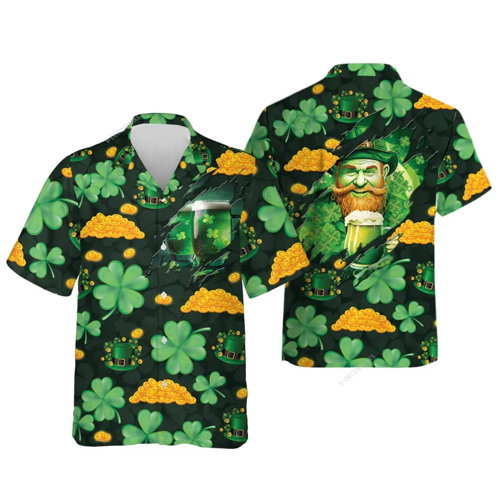St Patricks Day Hawaiian Shirt Leprechaun Beer For Saint Patrick Unisex Hawaiian Shirts Holy Four leaf Clover Pattern Men s Hawaiian Shirts 2 ggw6qo.jpg