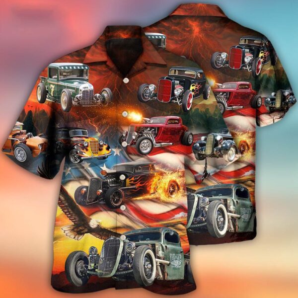 4th Of July Hawaiian Shirt, Hot Rod Independence Day American Flag Hawaiian Shirt, Hawaiian Fourth Of July Shirt