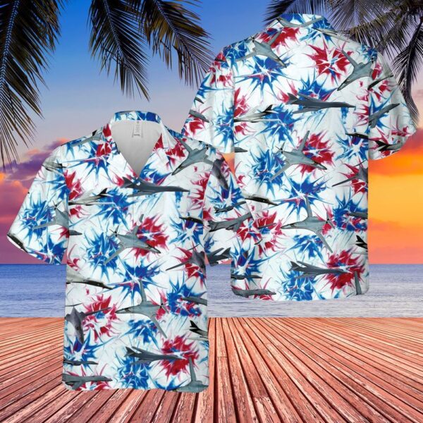 Air Force Hawaiian Shirt, US Air Force Rockwell B-1 Lancer Red White & Blue Tie dye Hawaiian Shirt, Veteran Hawaiian Shirt