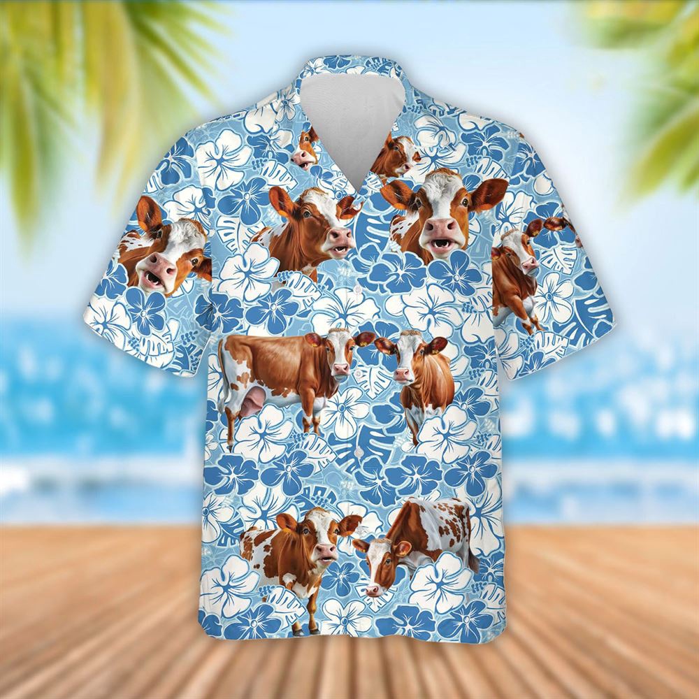 Farm Hawaiian Shirt Ayrshire Cattle Blue Flower Pattern 3D Hawaiian Shirt Summer Gift Animal Hawaiian Shirt 1 dqzanr.jpg