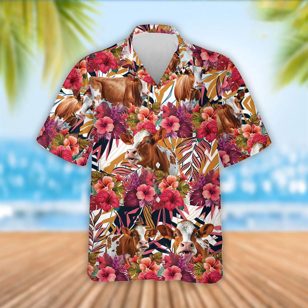 Farm Hawaiian Shirt Ayrshire Cattle Red Hibicus Flowers Hawaiian Shirt Summer Gift Animal Hawaiian Shirt 1 zwffq7.jpg
