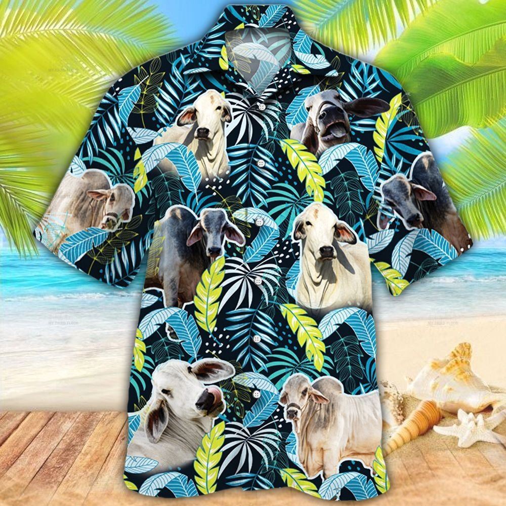 Farm Hawaiian Shirt Brahman Cattle Jungle Leaves All Over Printed 3D Hawaiian Shirt Animal Hawaiian Shirt 1 ahdbas.jpg