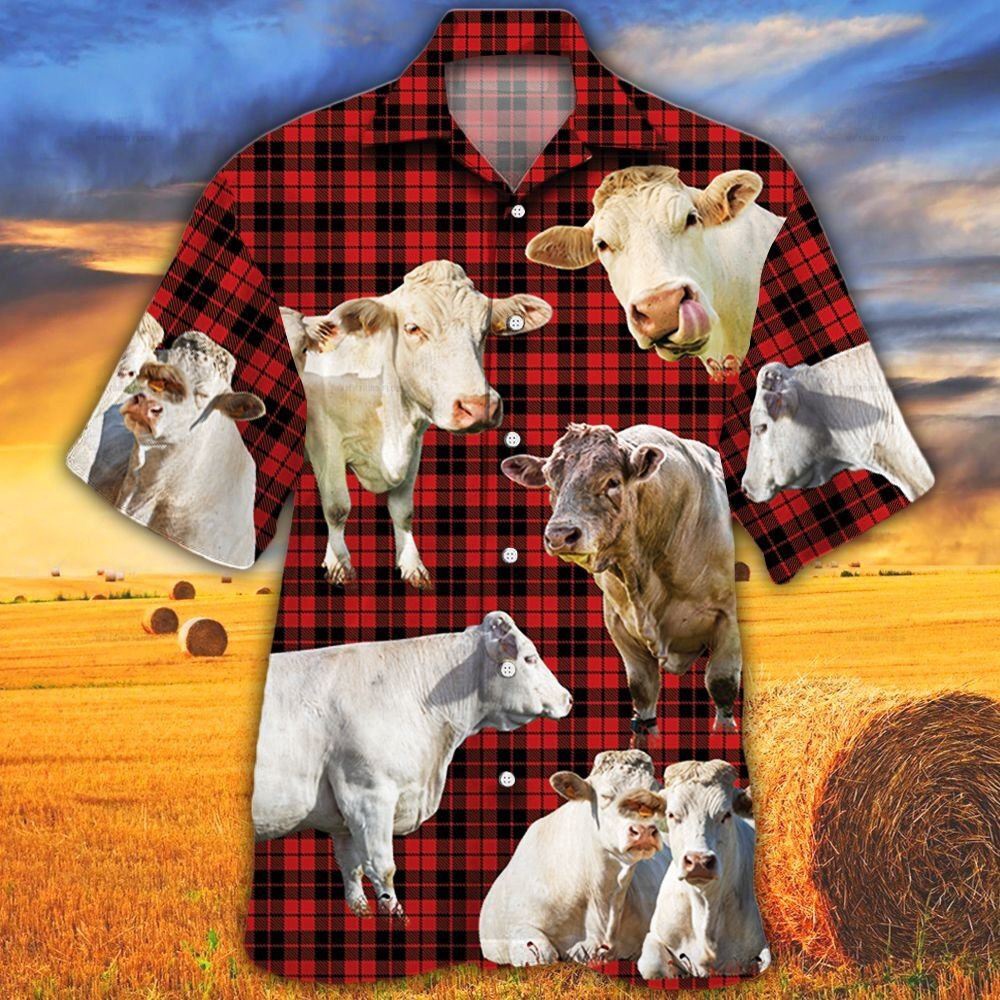 Farm Hawaiian Shirt Charolais Cattle Red Tartan Pattern All Over Printed 3D Hawaiian Shirt Animal Hawaiian Shirt 1 bxt3ro.jpg