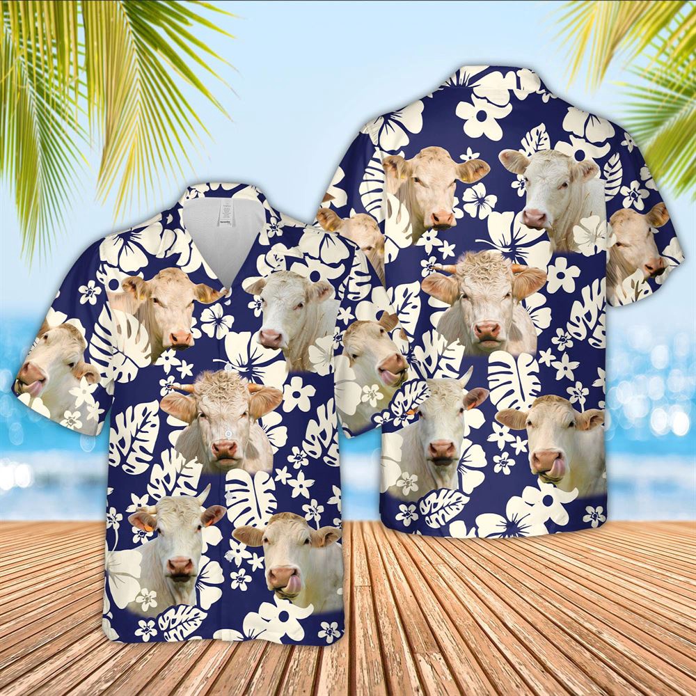 Farm Hawaiian Shirt Charolais Flower Blue Pattern 3D Hawaiian Shirt Animal Hawaiian Shirt 1 ijwey4.jpg