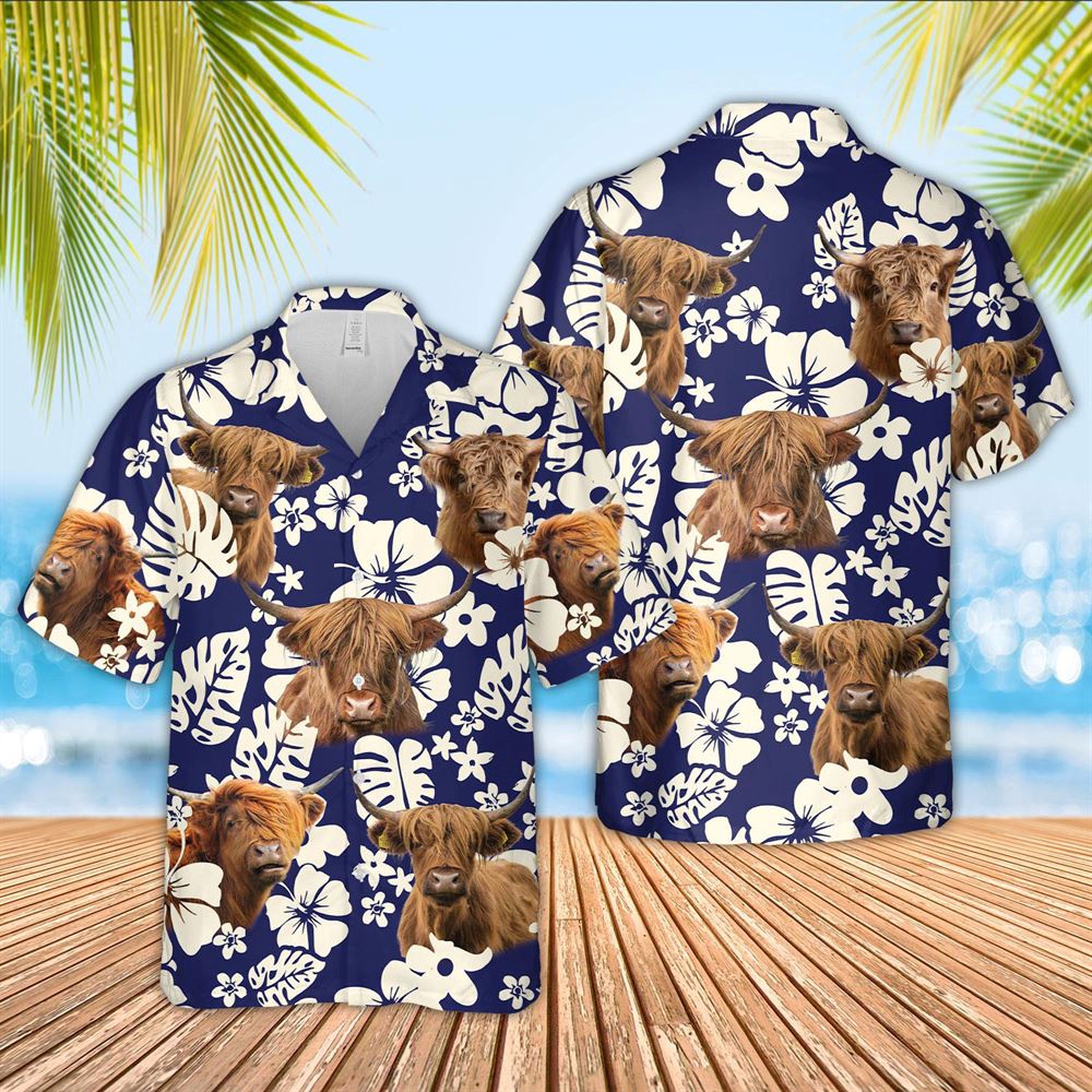 Farm Hawaiian Shirt Flower Highland Cattle Blue Pattern 3D Hawaiian Shirt Animal Hawaiian Shirt 1 ypjj4n.jpg