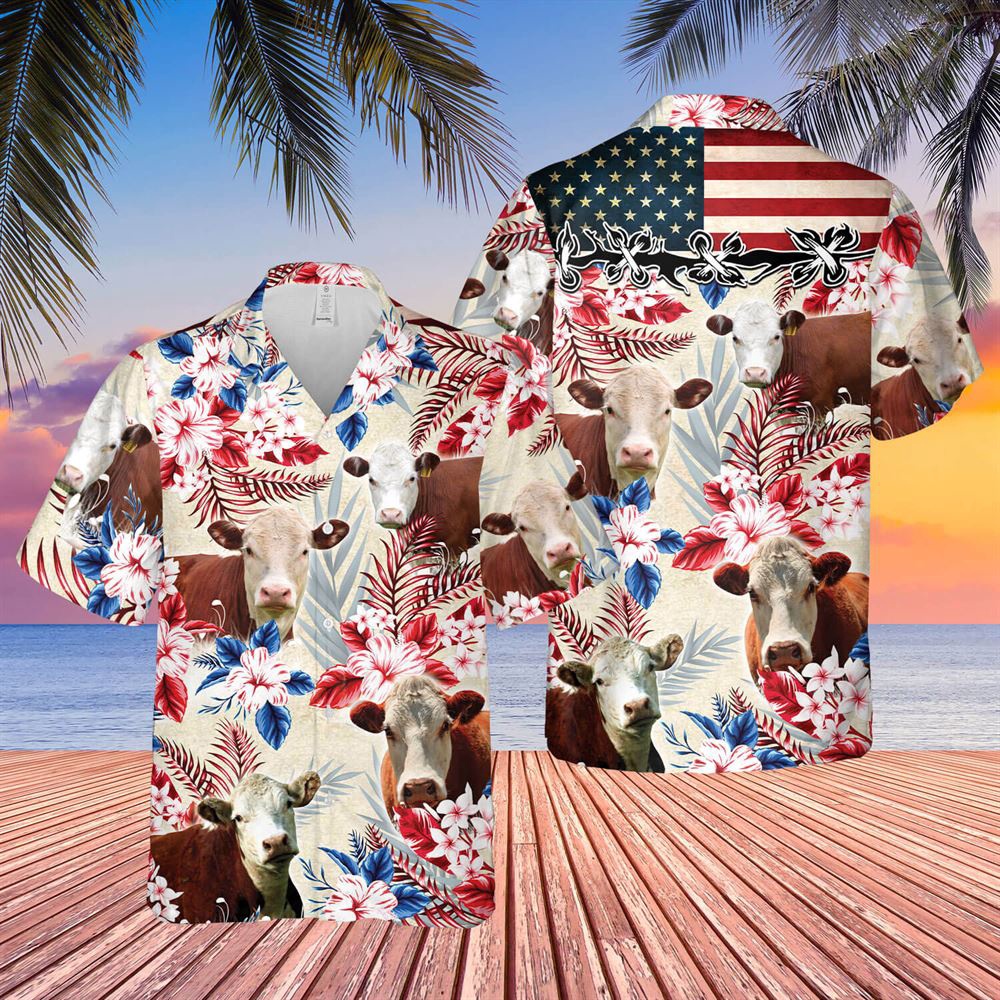 Farm Hawaiian Shirt Hereford Cattle American Flag Hawaiian Flowers All Over Printed 3D Hawaiian Shirt Animal Hawaiian Shirt 1 lbaec8.jpg