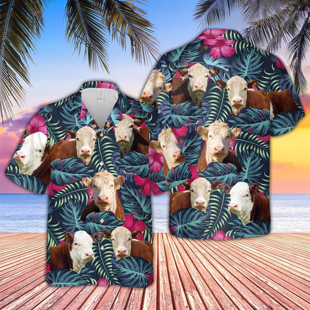 Farm Hawaiian Shirt Hereford Cattle Floral Tropical Leaves Pattern Hawaiian Shirt Animal Hawaiian Shirt 1 unxhfz.jpg