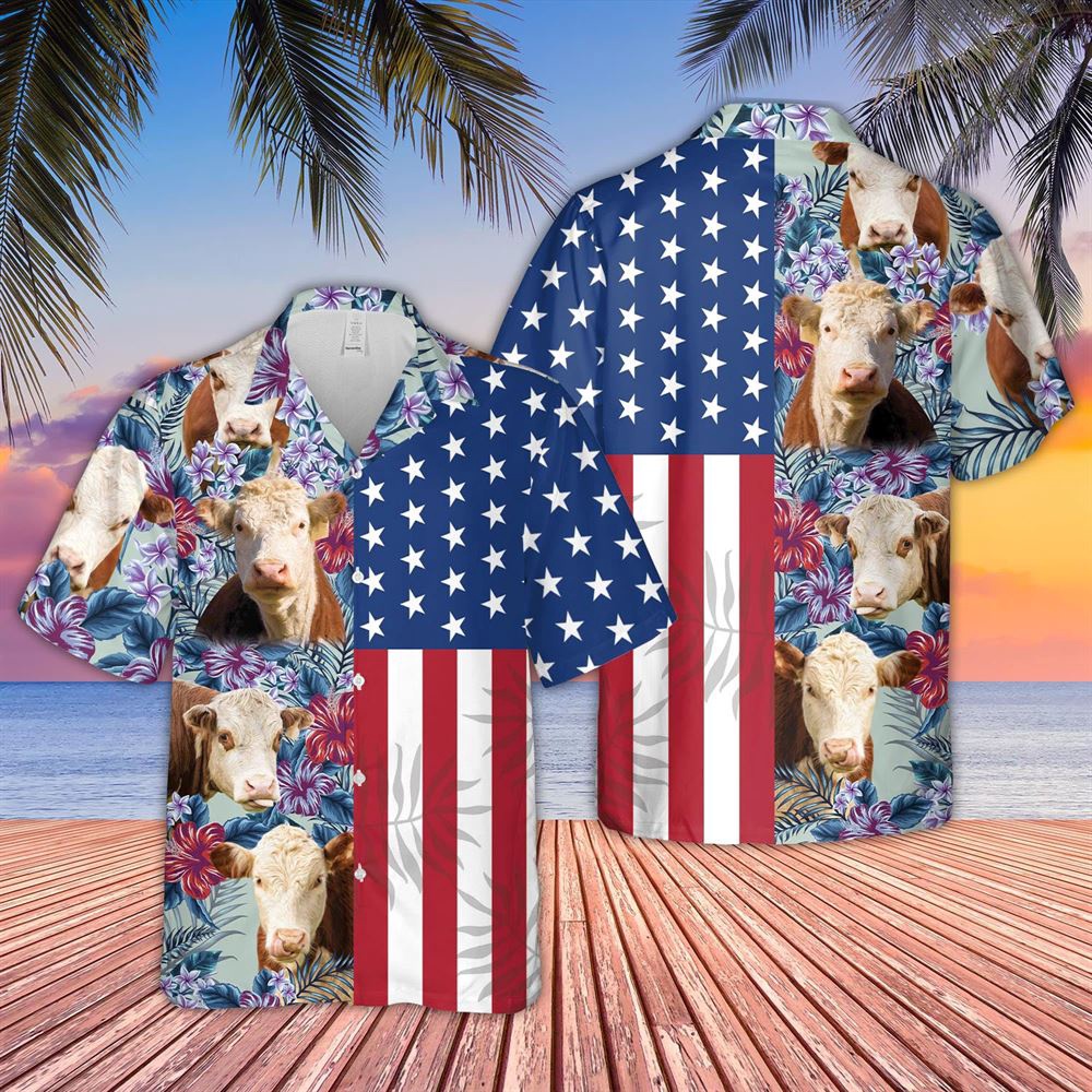 Farm Hawaiian Shirt Hereford Cattle Flower Pattern Us Flag 3D Hawaiian Shirt Animal Hawaiian Shirt 1 rvmba9.jpg