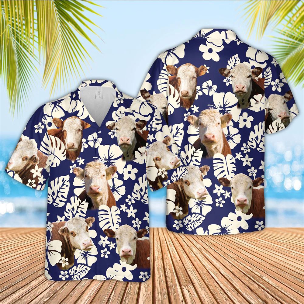 Farm Hawaiian Shirt Hereford Flower Blue Pattern 3D Hawaiian Shirt Animal Hawaiian Shirt 1 rjfhqs.jpg
