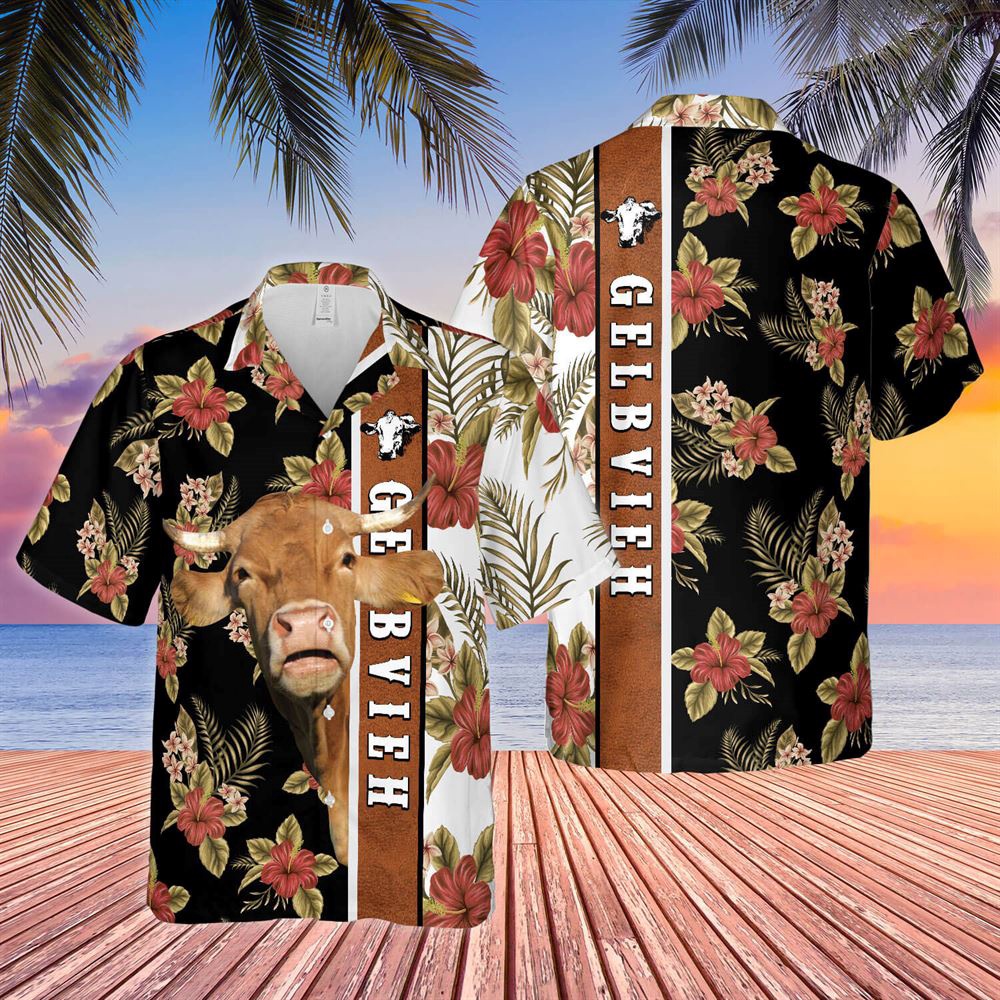 Farm Hawaiian Shirt Hibiscus Flowers Gelbvieh Cattle Brown All Over Printed 3D Hawaiian Shirt Animal Hawaiian Shirt 1 rqj34s.jpg