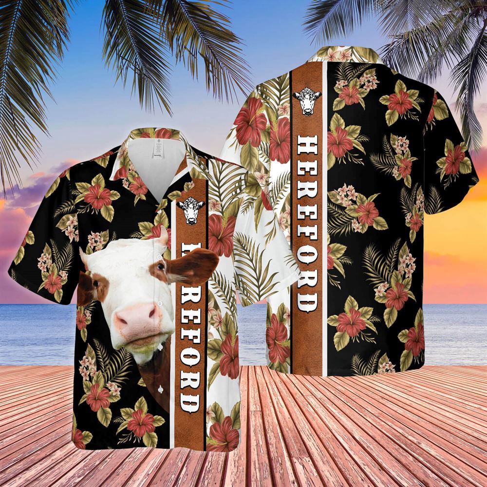 Farm Hawaiian Shirt Hibiscus Flowers Hereford Cattle Brown All Over Printed 3D Hawaiian Shirt Animal Hawaiian Shirt 1 wxbudb.jpg