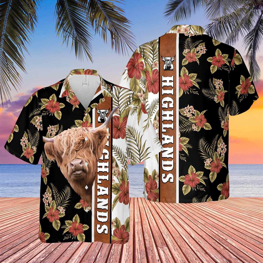 Farm Hawaiian Shirt Hibiscus Flowers Highlands Cattle Brown All Over Printed 3D Hawaiian Shirt Animal Hawaiian Shirt 1 trfyyn.jpg