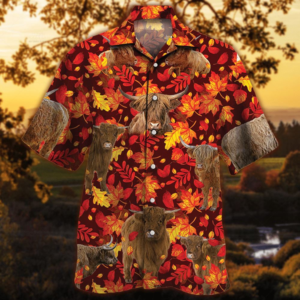 Farm Hawaiian Shirt Highland Cattle Autumn Leaves All Over Printed 3D Hawaiian Shirt Animal Hawaiian Shirt 1 mlwyh0.jpg