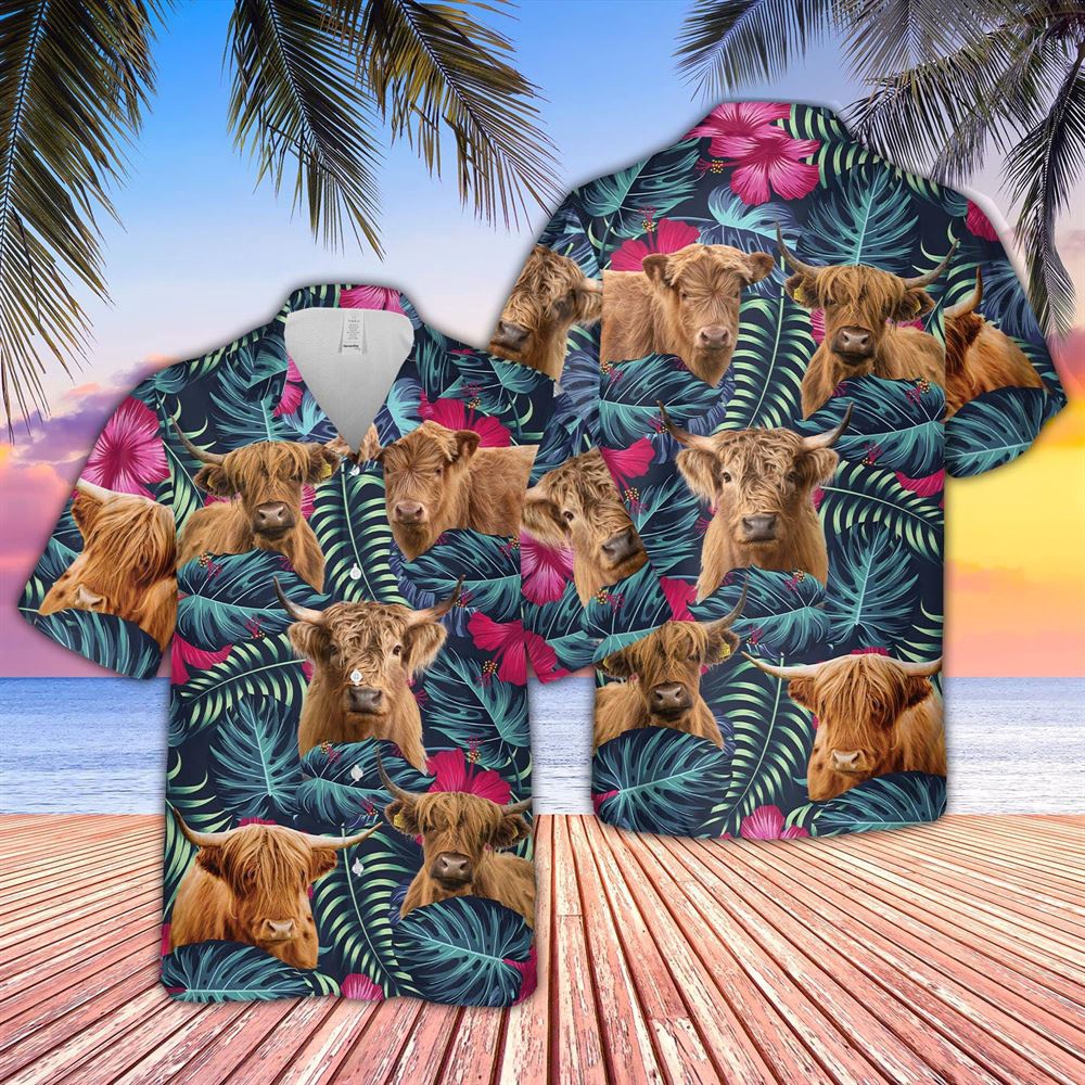 Farm Hawaiian Shirt Highland Cattle Floral Tropical Leaves Pattern Hawaiian Shirt Animal Hawaiian Shirt 1 kxfcq7.jpg
