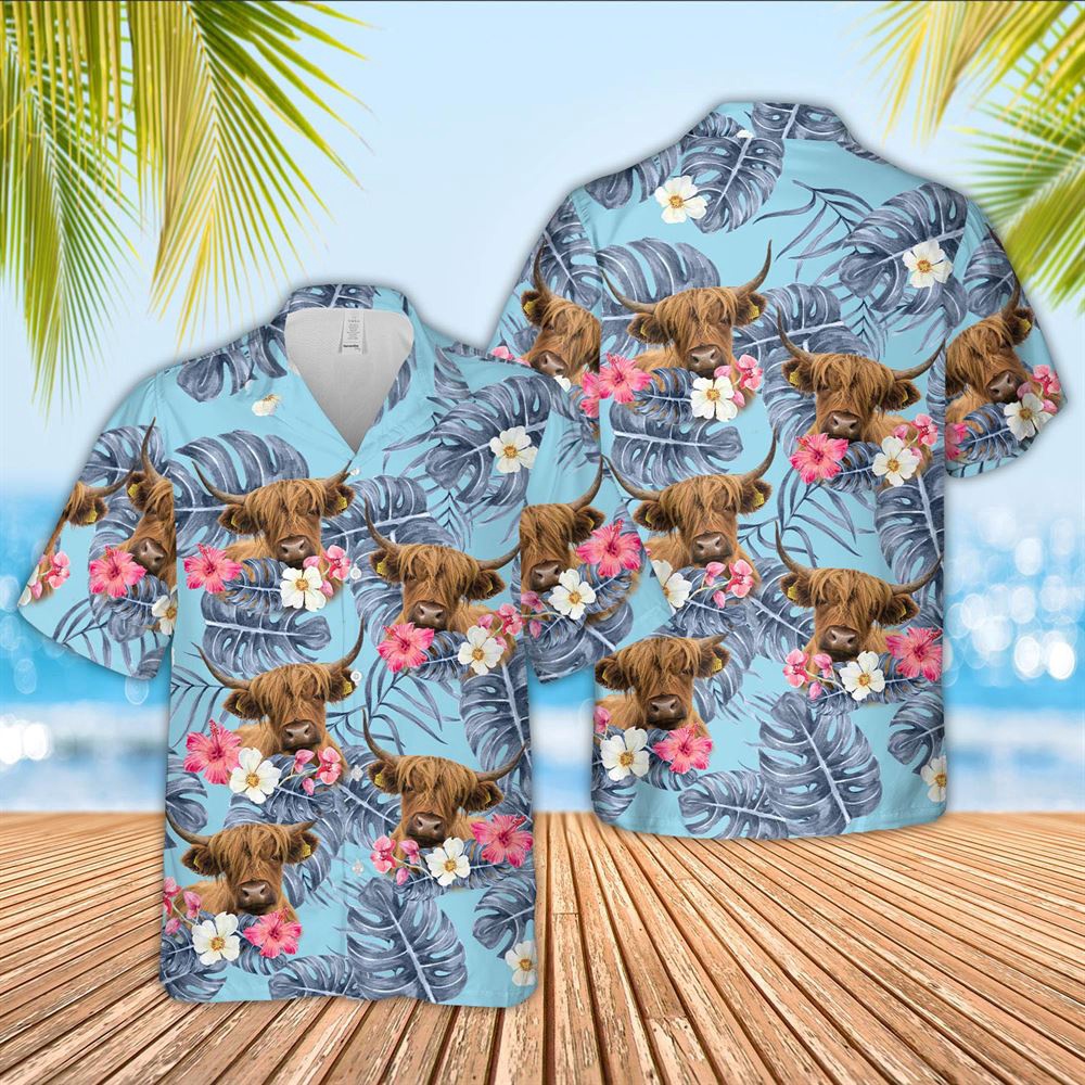 Farm Hawaiian Shirt Highland Cattle Sierra Blue Pattern 3D Hawaiian Shirt Animal Hawaiian Shirt 1 e5apa7.jpg