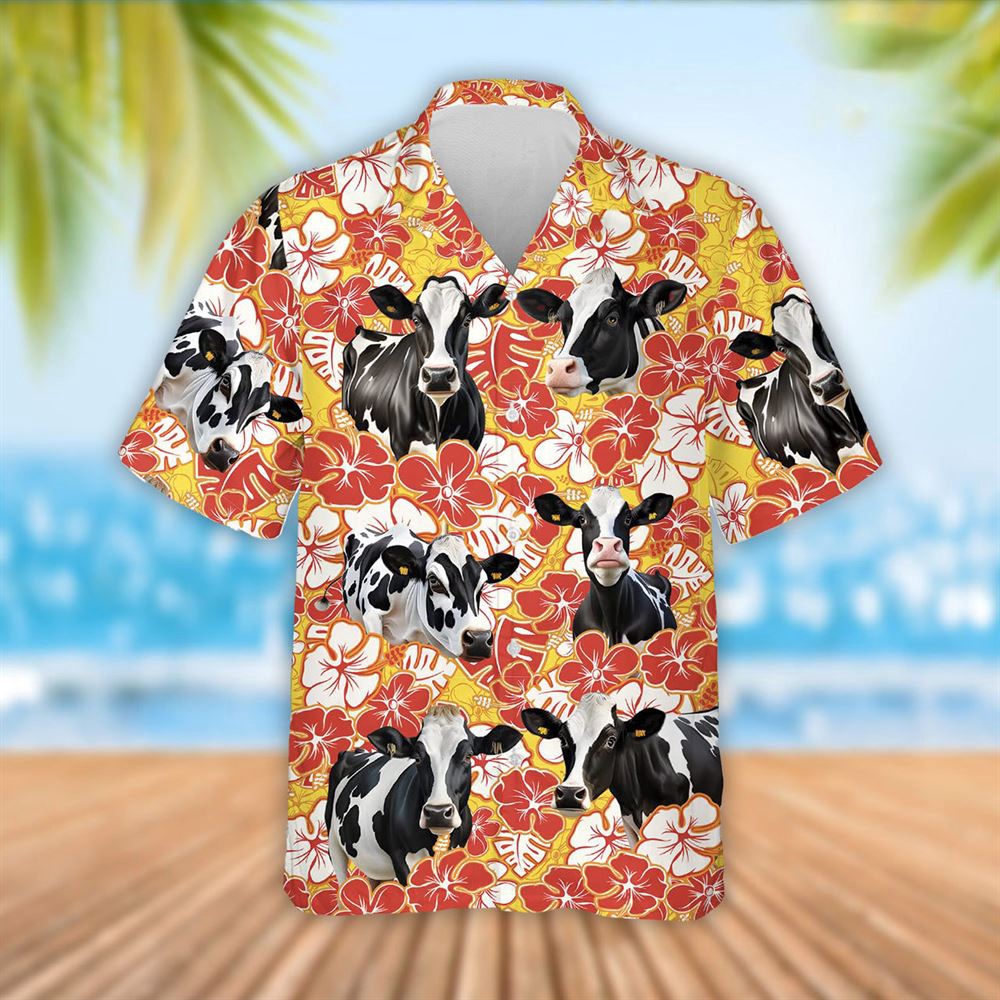 Farm Hawaiian Shirt Holstein Cattle Orange Flower Pattern 3D Hawaiian Shirt Summer Gift Animal Hawaiian Shirt 1 thvdki.jpg