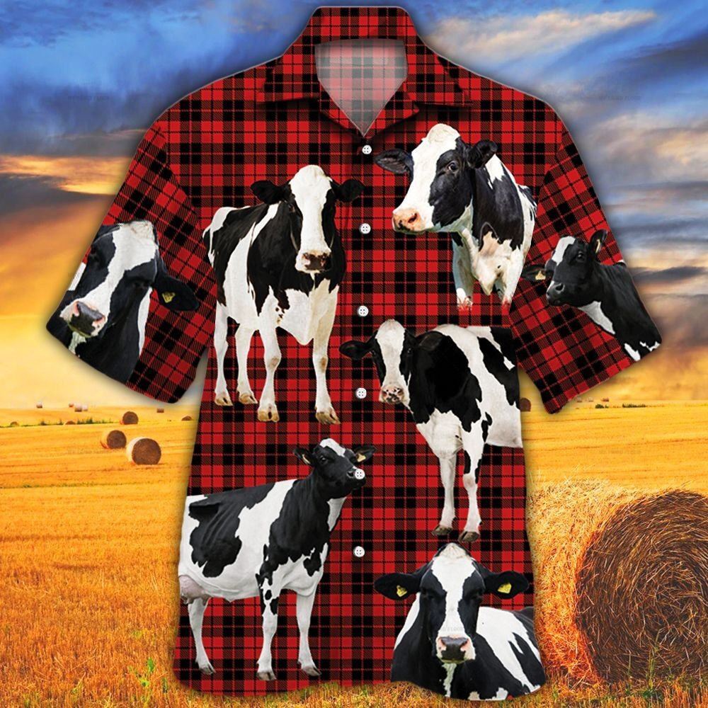 Farm Hawaiian Shirt Holstein Friesian Cattle Red Tartan Pattern All Over Printed 3D Hawaiian Shirt Animal Hawaiian Shirt 1 avmq1i.jpg